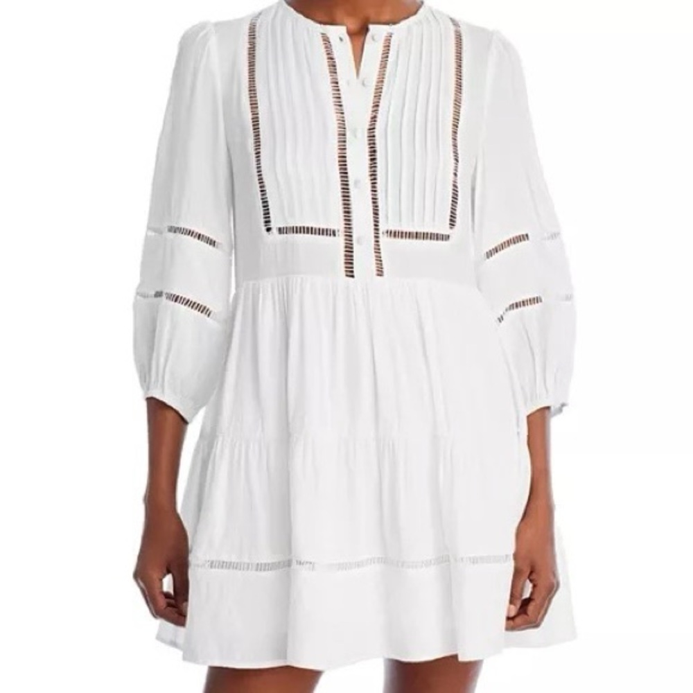 Bloomingdale’s Aqua Tiered Tunic White Mini Dress Size Small